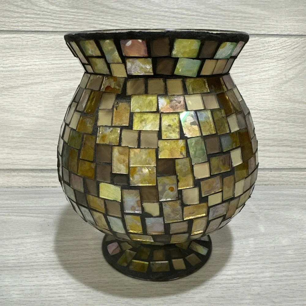 Mosaic‎ Glass Candle Holder or Vase Gold Multicolor 6x6x7